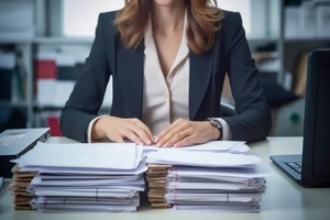 businesswoman sitting and working hard　surrounded by lots of documents on the table in workplace of modern office